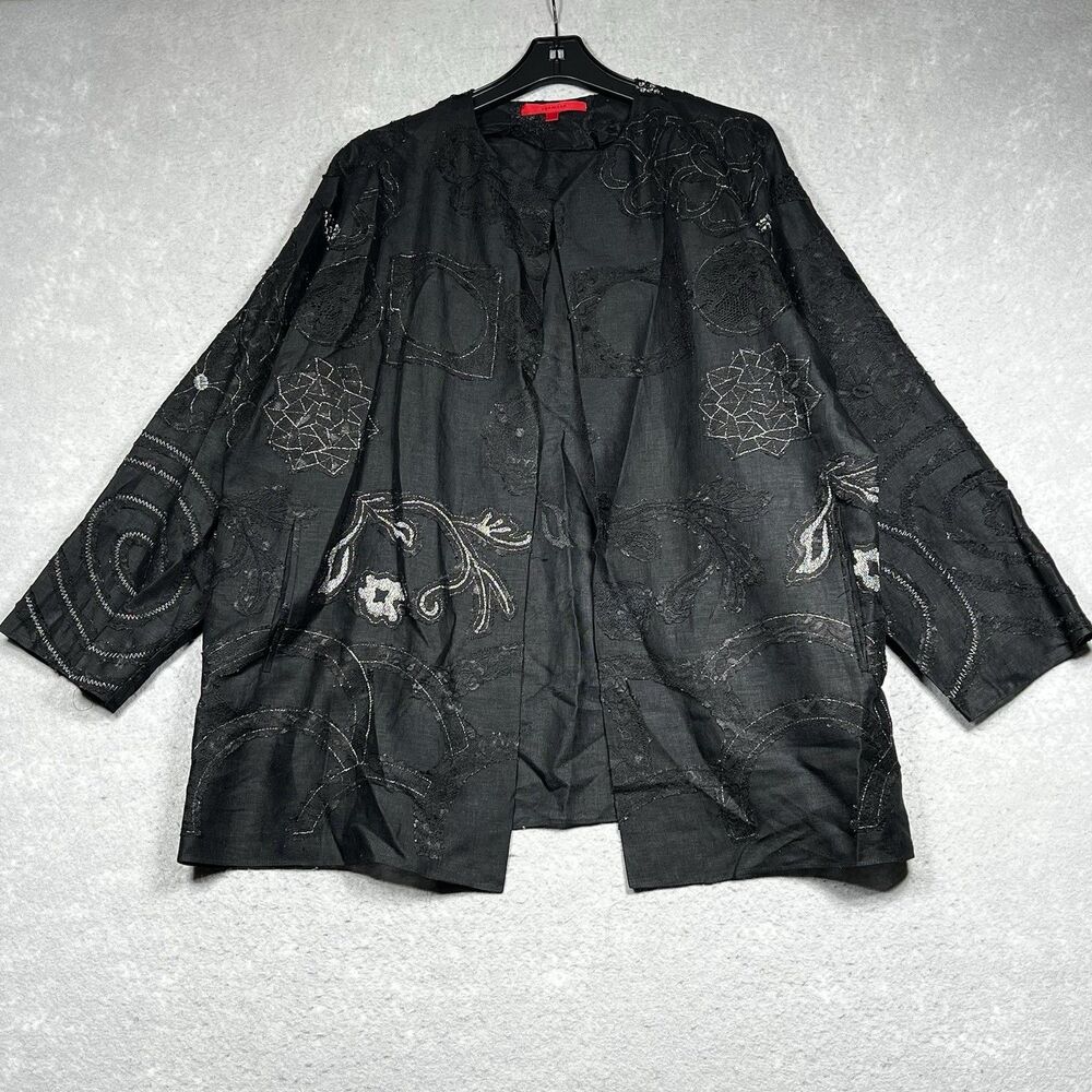 SHAMASK Open Front Evening Jacket Size 8 Black Embroidered Stenciled Work OSFM